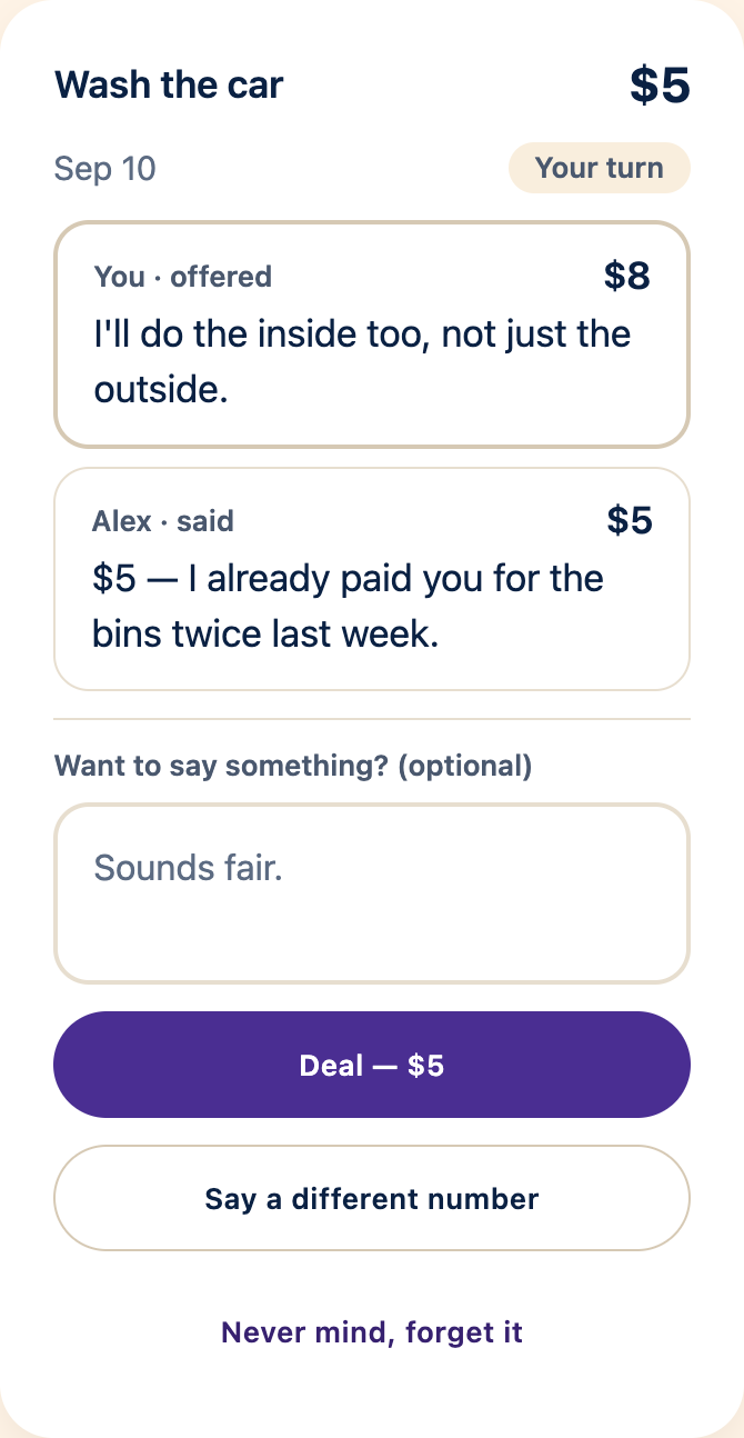 A child offers to wash the car for $8. Alex offers $5. It is the child’s turn to respond.