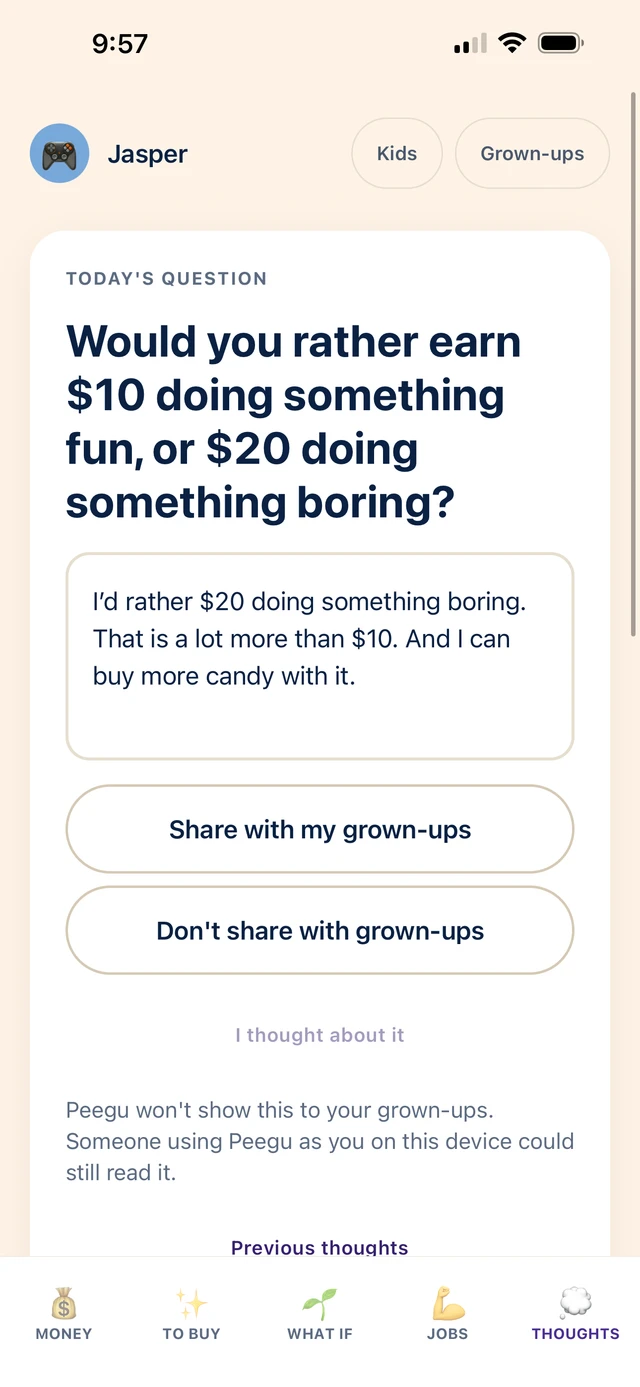 Peegu asks Jasper whether he would rather earn $10 doing something fun or $20 doing something boring. His written answer favors $20 because he could buy more candy. He chooses whether to share it.