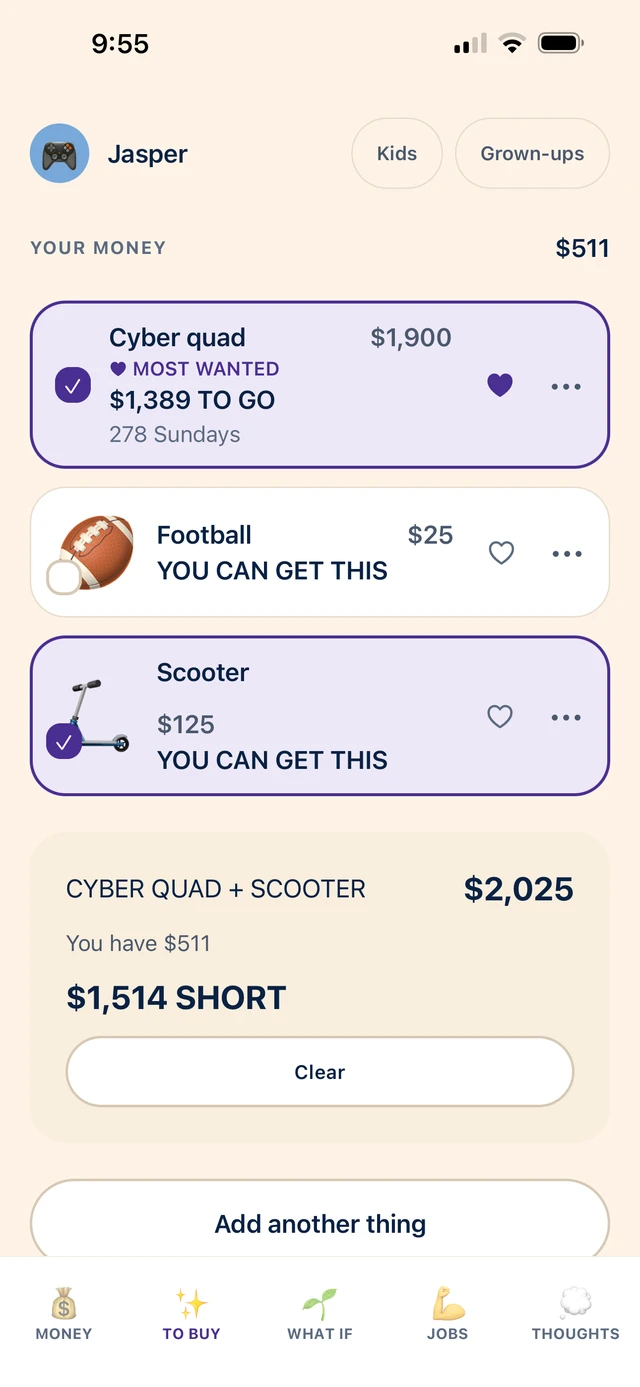 Jasper’s To Buy screen: Cyber quad $1,900, football $25 and scooter $125. The quad and scooter total $2,025, leaving him $1,514 short.